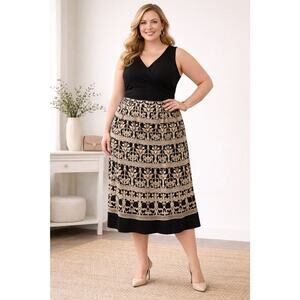 Talbots Size 16 Faux Wrap Skirt Black Beige Scroll Print Midi Career Office Work